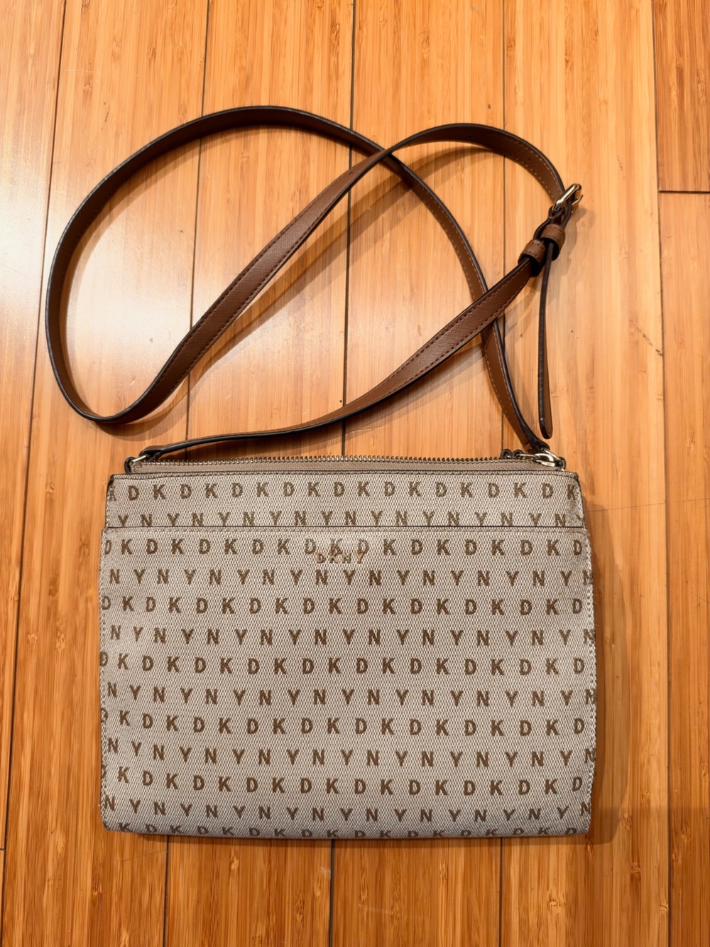 DKNY Beige and Brown Logo Crossbody Bag